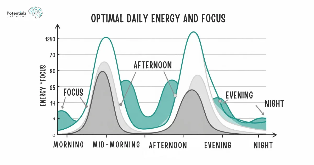 A Graph showing optimal daily energy and focus levels throughout a 24-hour period, with peaks during morning and afternoon, and natural dips for rest in the night and also mid-afternoon