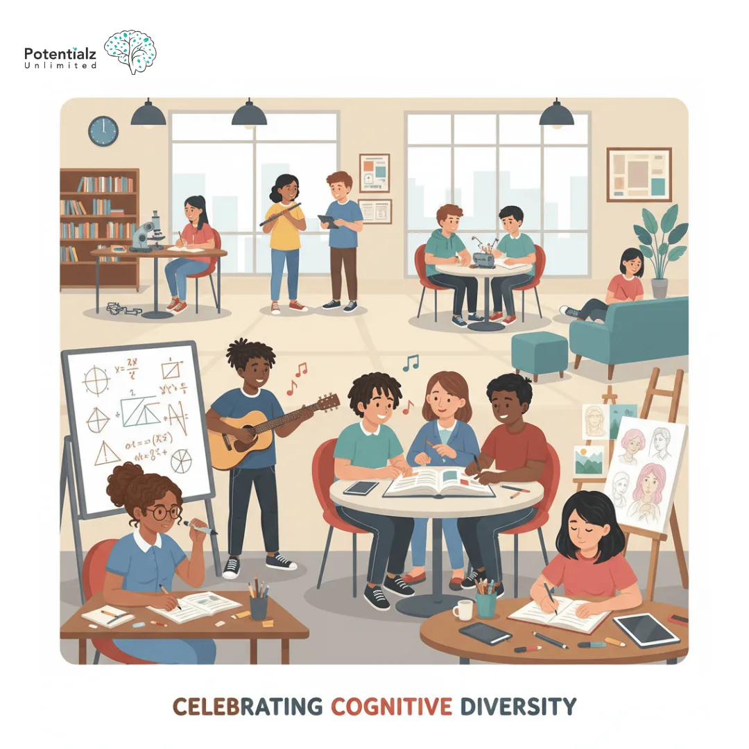 The image portrays individuals engaging in various creative and scientific activities, showcasing a harmonious blend of talents and learning styles in a collaborative educational setting.