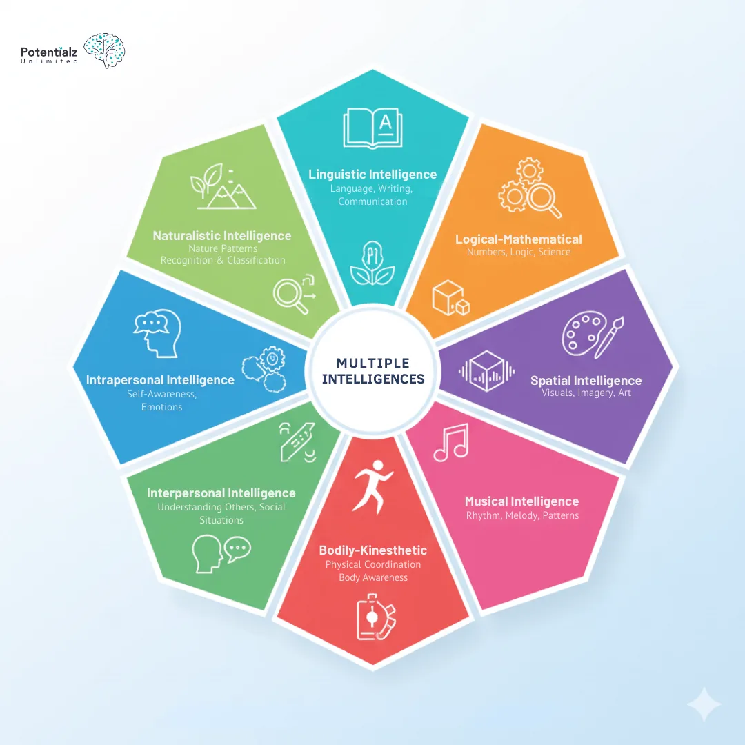 Diagram illustrating  Gardner's theory of Multiple Intelligences, highlighting eight types: Linguistic, Logical-Mathematical, Spatial, Musical, Bodily-Kinesthetic, Interpersonal, Intrapersonal, and Naturalistic. 