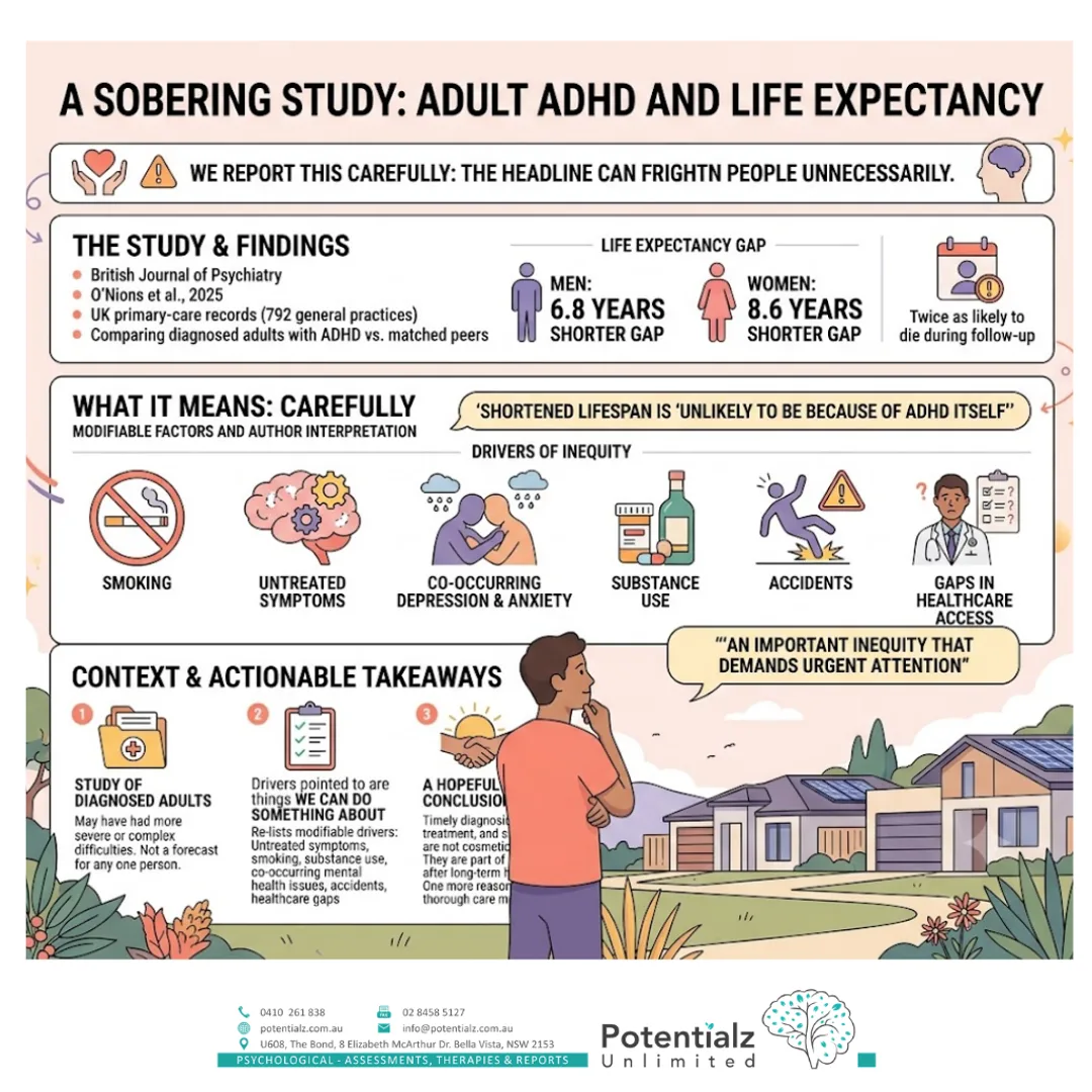 Infographic: O'Nions et al. 2025 — adults diagnosed with ADHD had a shorter average life expectancy (about 6.8 years for men, 8.6 years for women), driven by modifiable factors and unmet care, not by ADHD itself