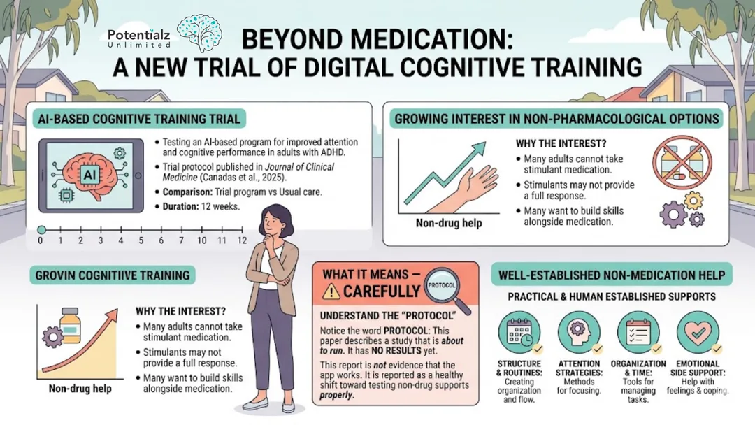 Infographic: emerging non-drug options for adult ADHD — a 2025 trial protocol (Canadas et al.) will test 12 weeks of AI-based cognitive training; results pending, established skills-based support remains the mainstay
