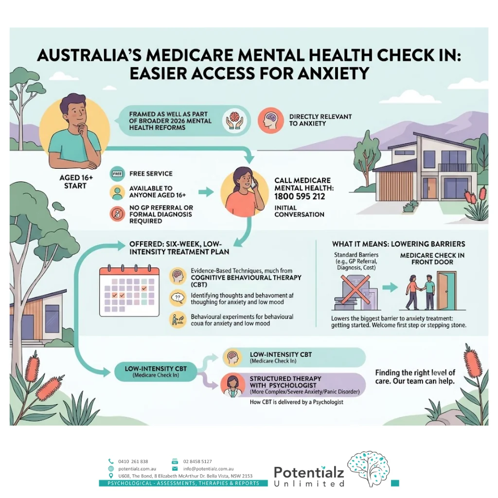 Infographic: Australia's Medicare Mental Health Check In — free, no referral, ages 16+, call 1800 595 212 for a six-week low-intensity CBT plan for anxiety