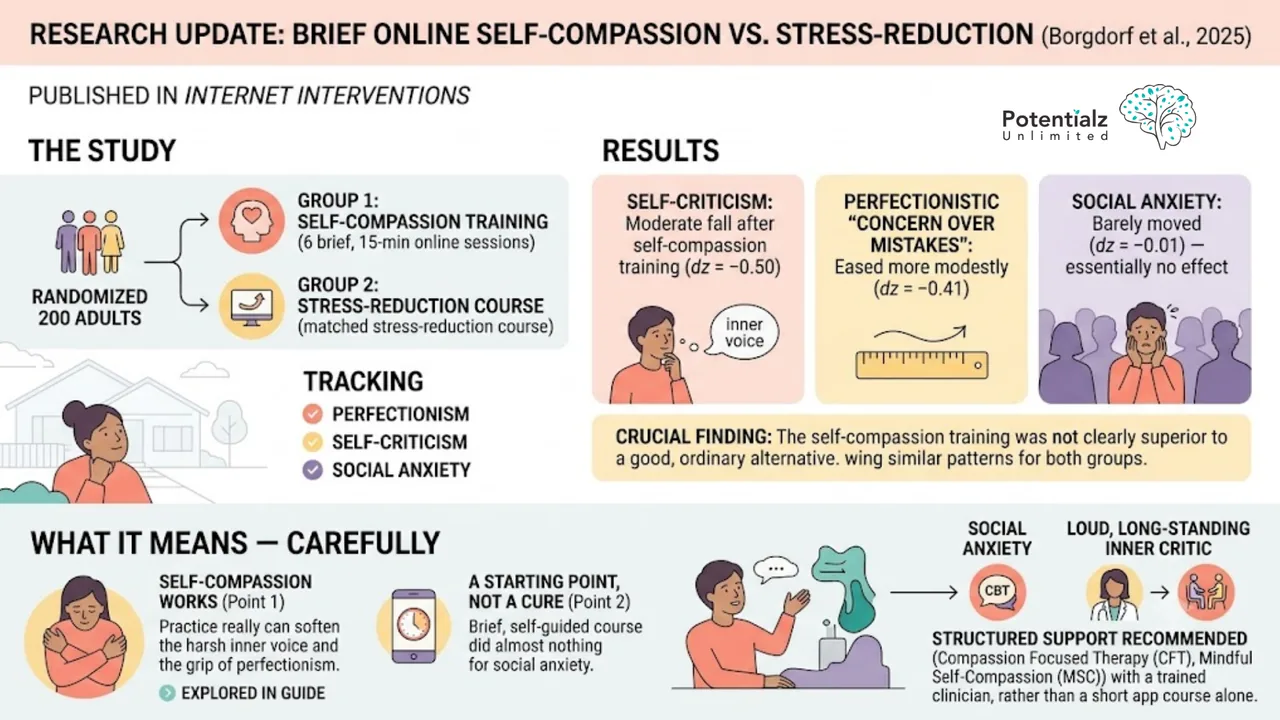 Infographic: brief online self-compassion vs stress-reduction (Borgdorf et al., 2025) — self-criticism fell moderately, perfectionism eased, social anxiety barely moved, and self-compassion was not superior to a generic control