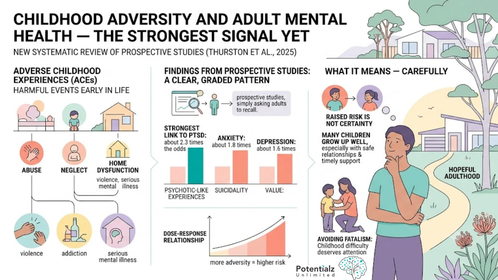 Infographic: Thurston et al. 2025 in Trauma, Violence, and Abuse — pooled prospective studies show adverse childhood experiences raise the odds of adult PTSD (OR 2.26), anxiety (1.78) and depression (1.61) in a dose-response pattern; risk is not destiny