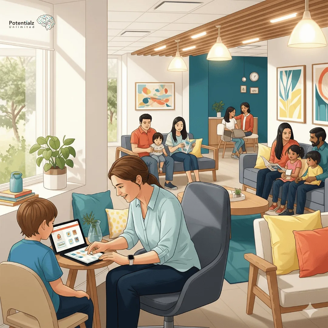 
A welcoming and modern family clinic waiting area, featuring diverse families from the Hills District. A child engages with a psychologist using digital tools, creating a professional and comforting atmosphere.