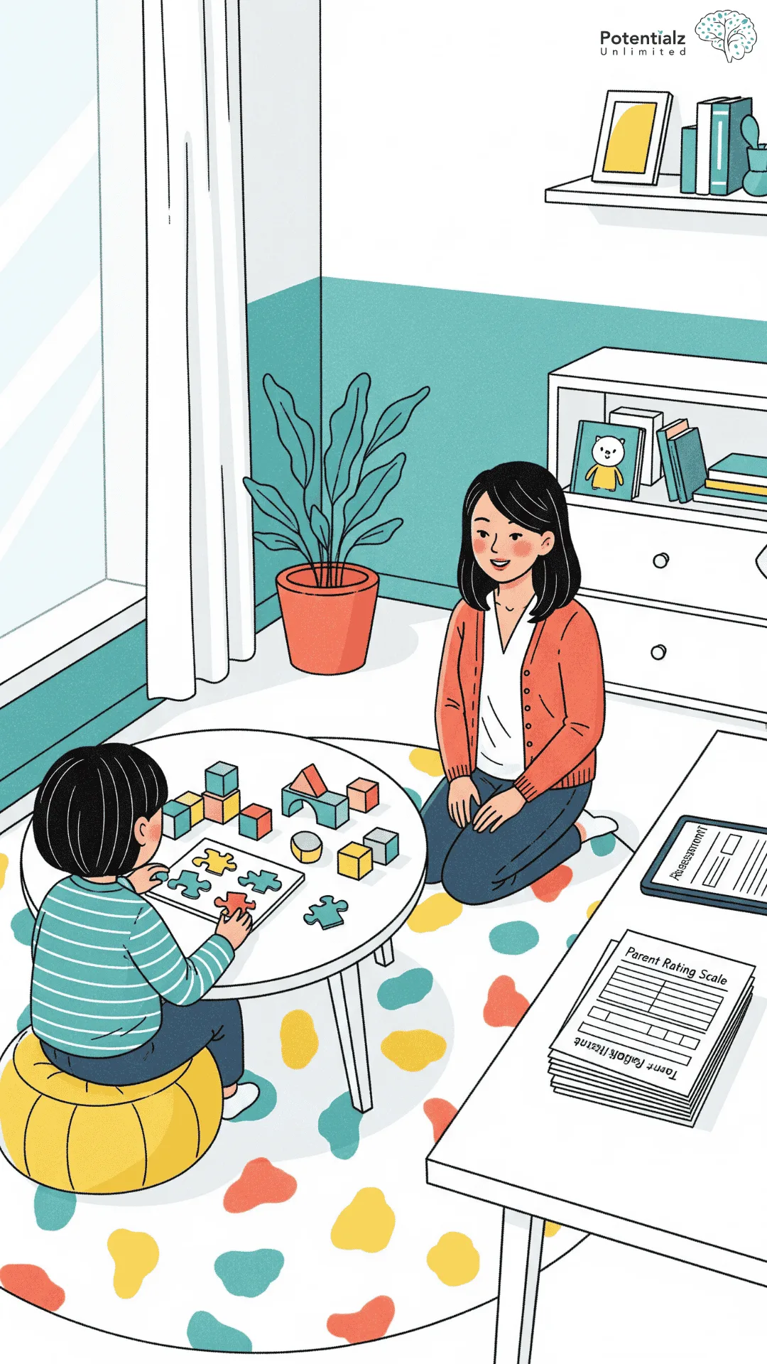 A child engages with puzzle pieces in a bright, modern assessment room, while a caregiver observes nearby. Parent and teacher rating forms are neatly organized on a desk, illustrating a supportive and evaluative environment.