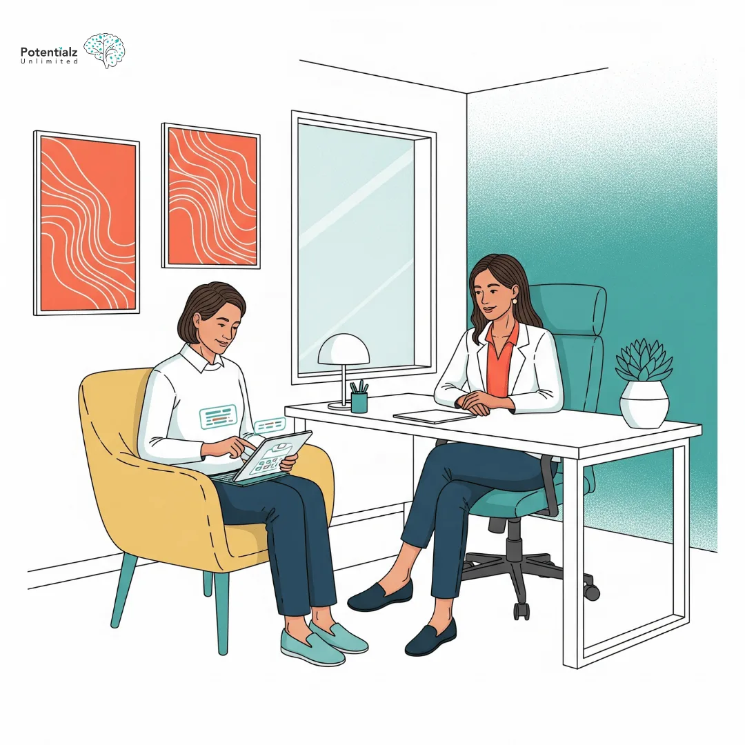 A client engages in a professional consultation with a psychologist, utilizing digital assessment tools in a setting that emphasizes confidentiality and comfort.