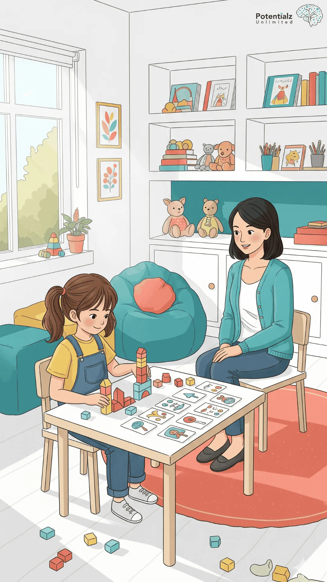 A young girl engages in an educational activity with a psychologist in a cozy, child-friendly assessment room, surrounded by colorful learning tools and a supportive atmosphere.