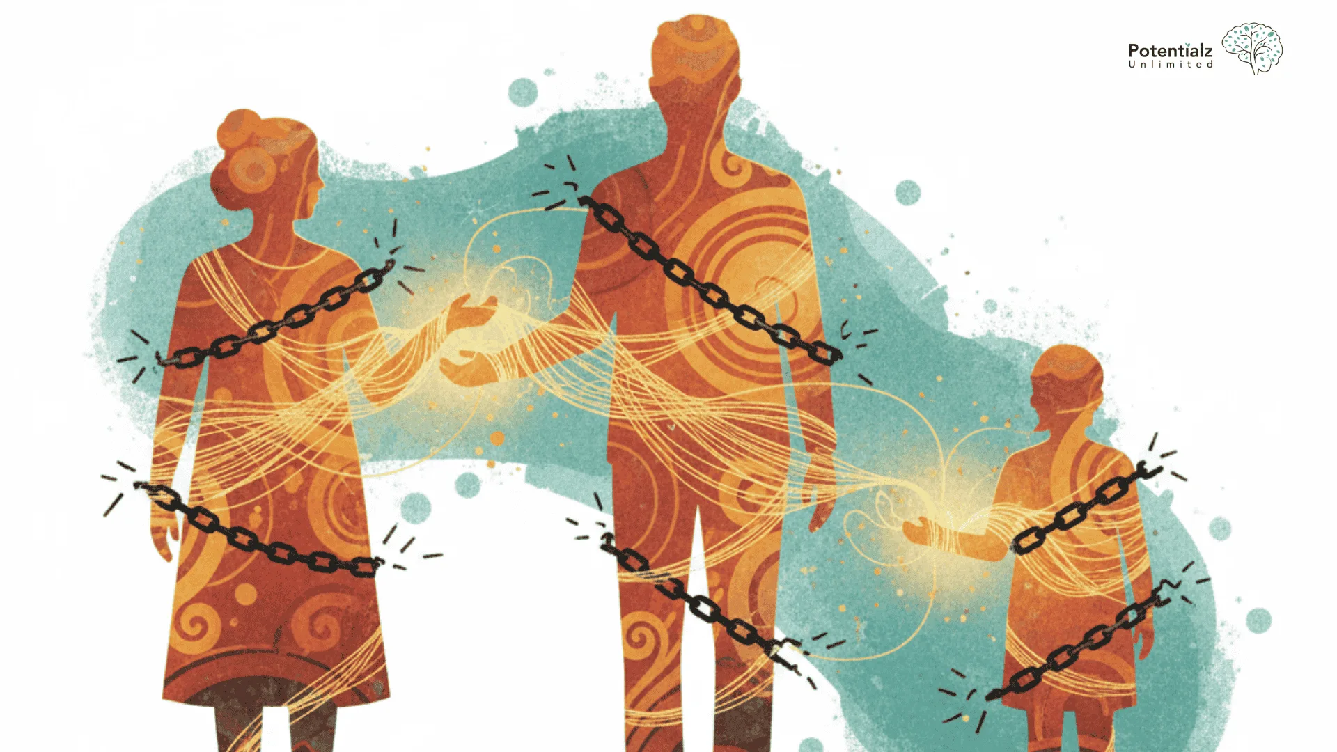 An illustration of intergenerational healing shows three family members connected by broken chains and golden threads, symbolizing the repair of generational trauma, set against earthy colors.