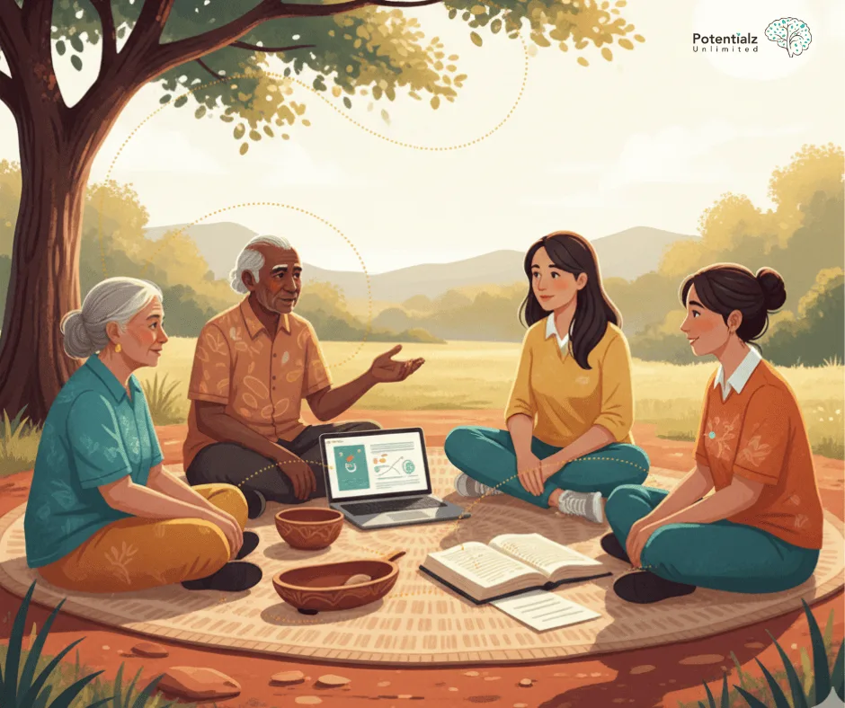 Indigenous and non-Indigenous practitioners exchanging knowledge and resources collaboratively in an outdoor setting.