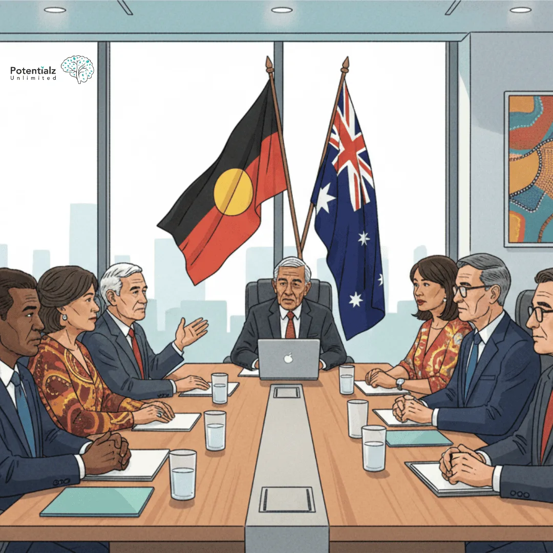 Government and community leaders engage in a policy dialogue for systemic change, highlighted by the Aboriginal flag for respect and inclusion.