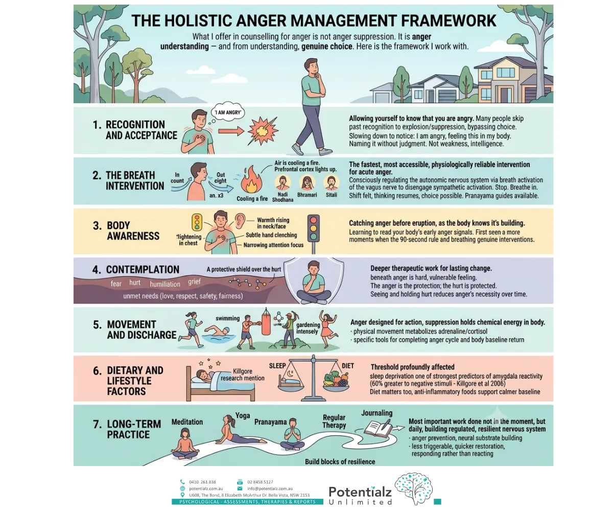 Seven-step holistic anger management framework infographic — recognition and acceptance, the breath intervention, body awareness, contemplation, movement and discharge, dietary and lifestyle factors, and long-term practice