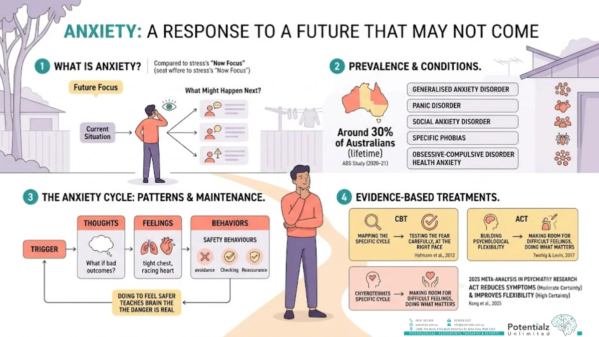 Infographic: anxiety anticipates a future threat — around 30% of Australians experience an anxiety disorder in their lifetime (ABS, 2020–21); safety behaviours ease it briefly but keep the pattern alive