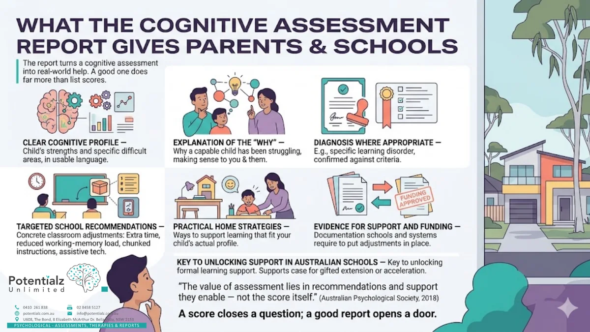 Infographic: what the cognitive assessment report gives parents and schools — a clear cognitive profile, an explanation of the why, diagnosis where appropriate, targeted school recommendations, practical home strategies, and evidence for support and funding