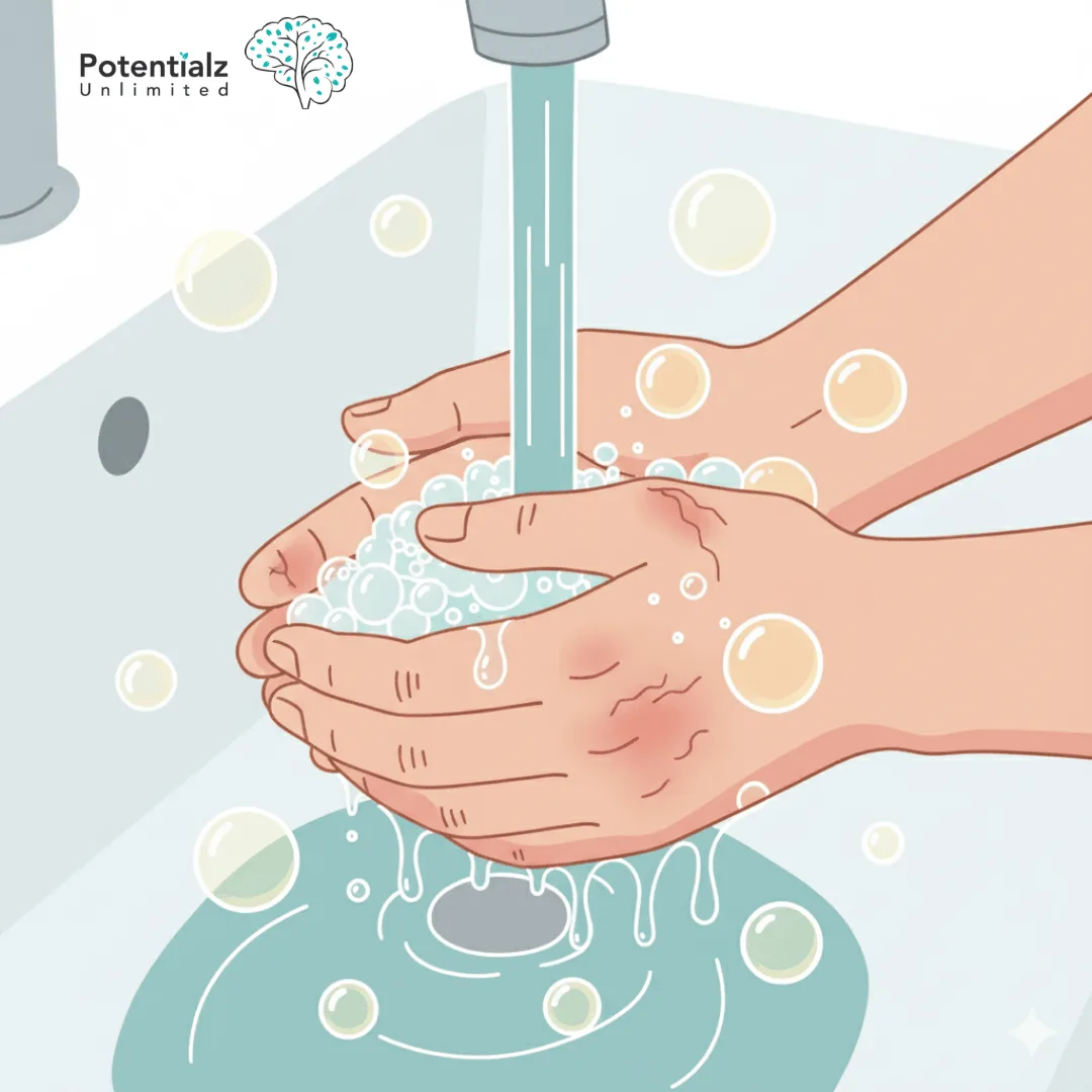 A close-up of hands showing the toll of frequent washing, as raw skin meets cleansing water and soap bubbles.