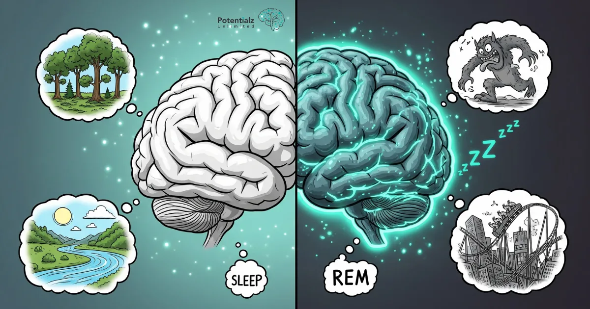 A split-screen illustration showing a calm brain during regular sleep on one side, and an activated, glowing brain during REM sleep on the other