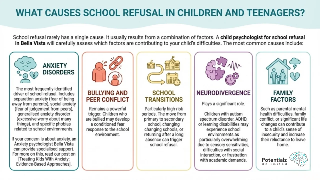 Understanding the Causes of School Refusal: This informative graphic explores the various factors that contribute to school refusal in children and teenagers, including anxiety disorders, bullying, school transitions, neurodivergence, and family factors. It highlights the importance of identifying these issues to provide appropriate support and intervention.