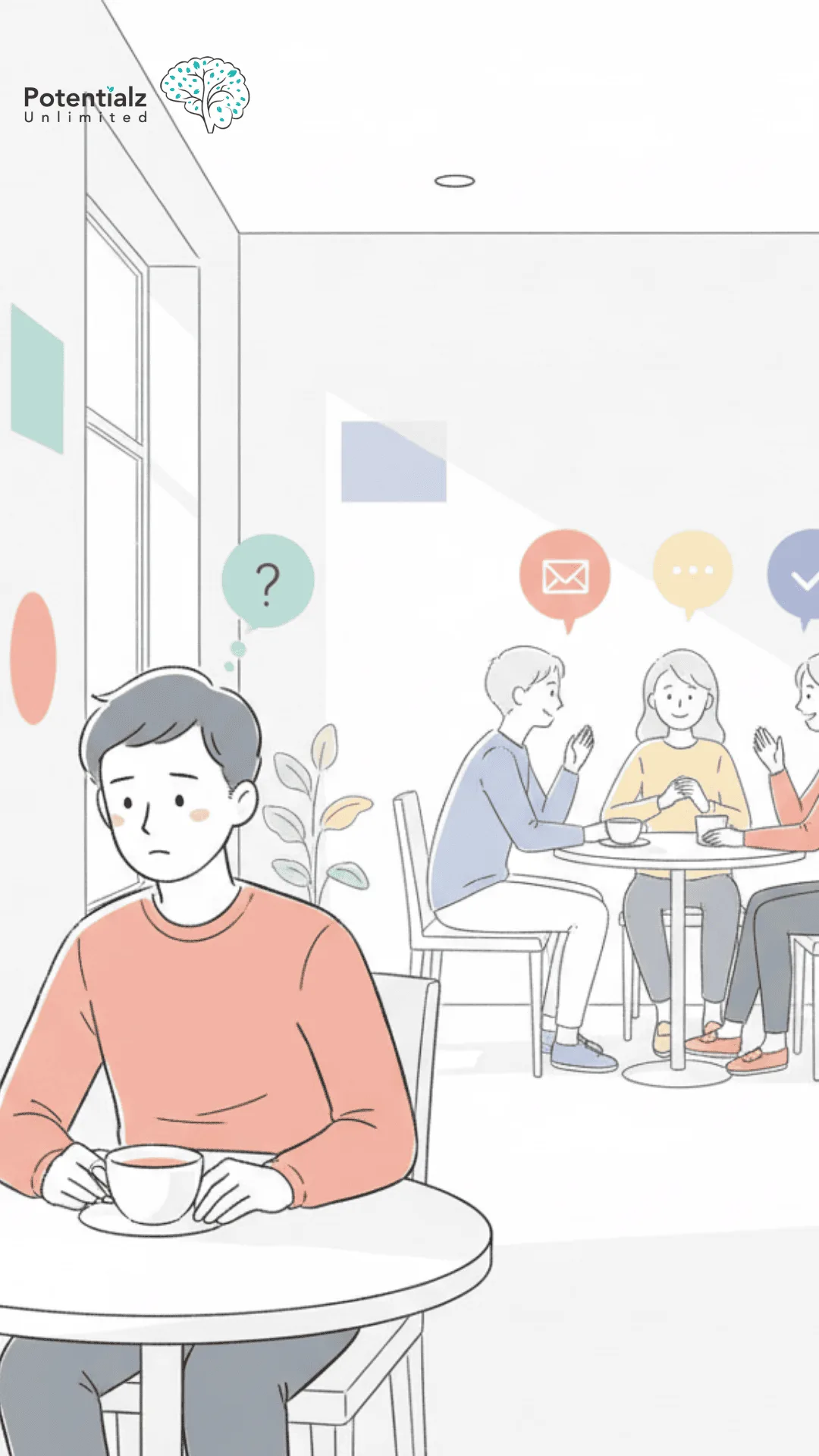 Lost in thought: A solitary moment in a bustling café, where inner worries overshadow the lively chatter around.