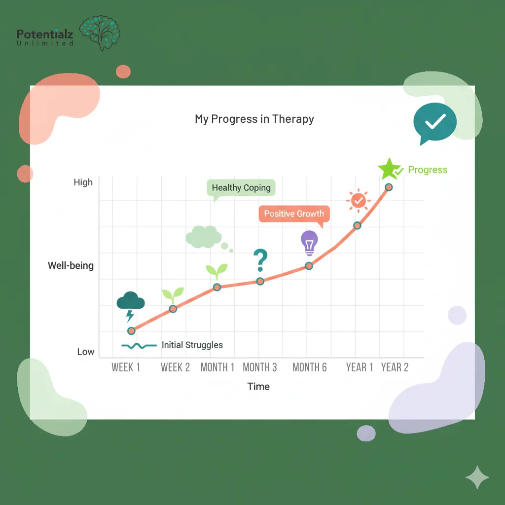 Tracking therapeutic progress: a journey from initial struggles to notable growth and healthy coping over two years.