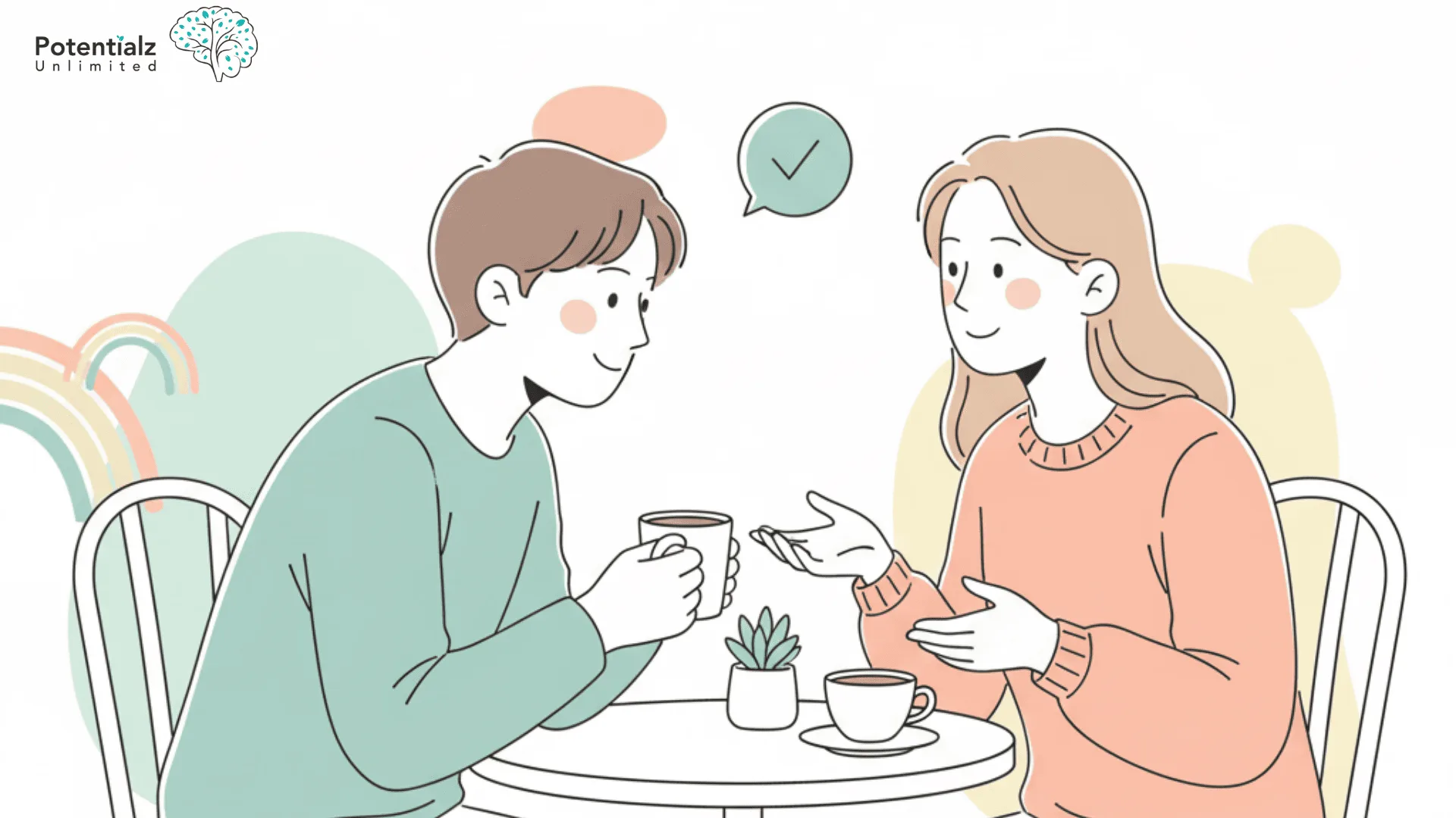 Two friends share coffee and a supportive conversation, their body language reflecting empathy and understanding.