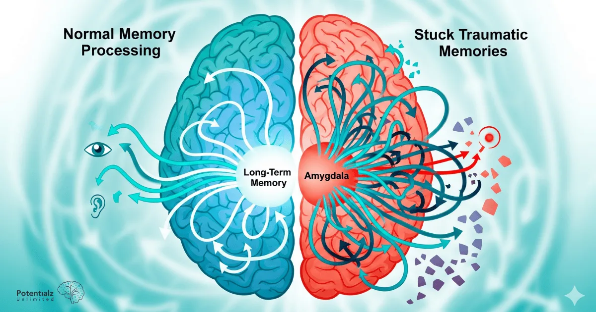 Illustrated diagram contrasting normal memory processing with stuck traumatic memories, highlighting the differences in information flow between the brain's long-term memory and the amygdala.