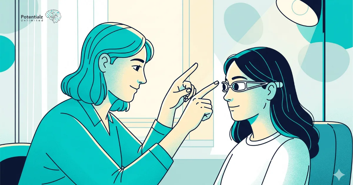 A therapist gently guides a client through an eye movement exercise in a serene therapy session, illustrating bilateral stimulation techniques.