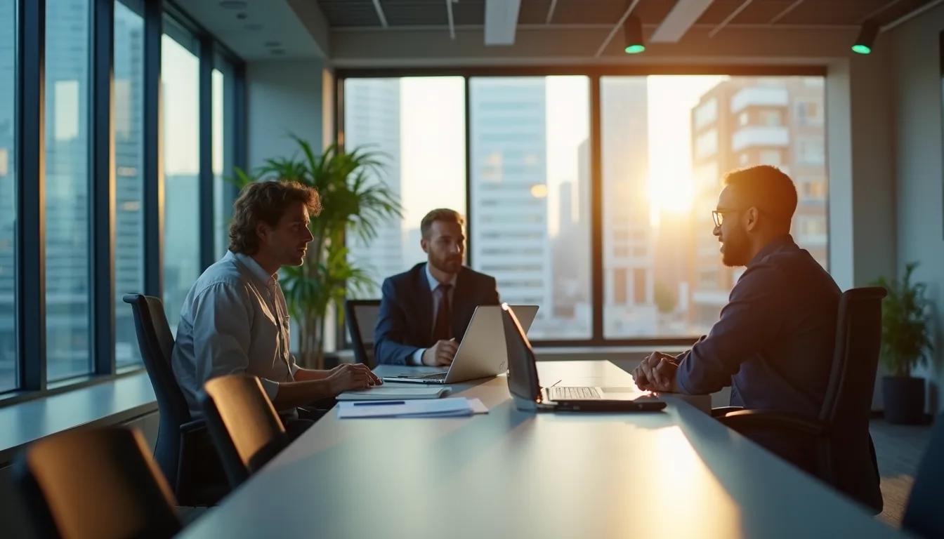 Eye-level view of a modern office space illustrating collaboration
