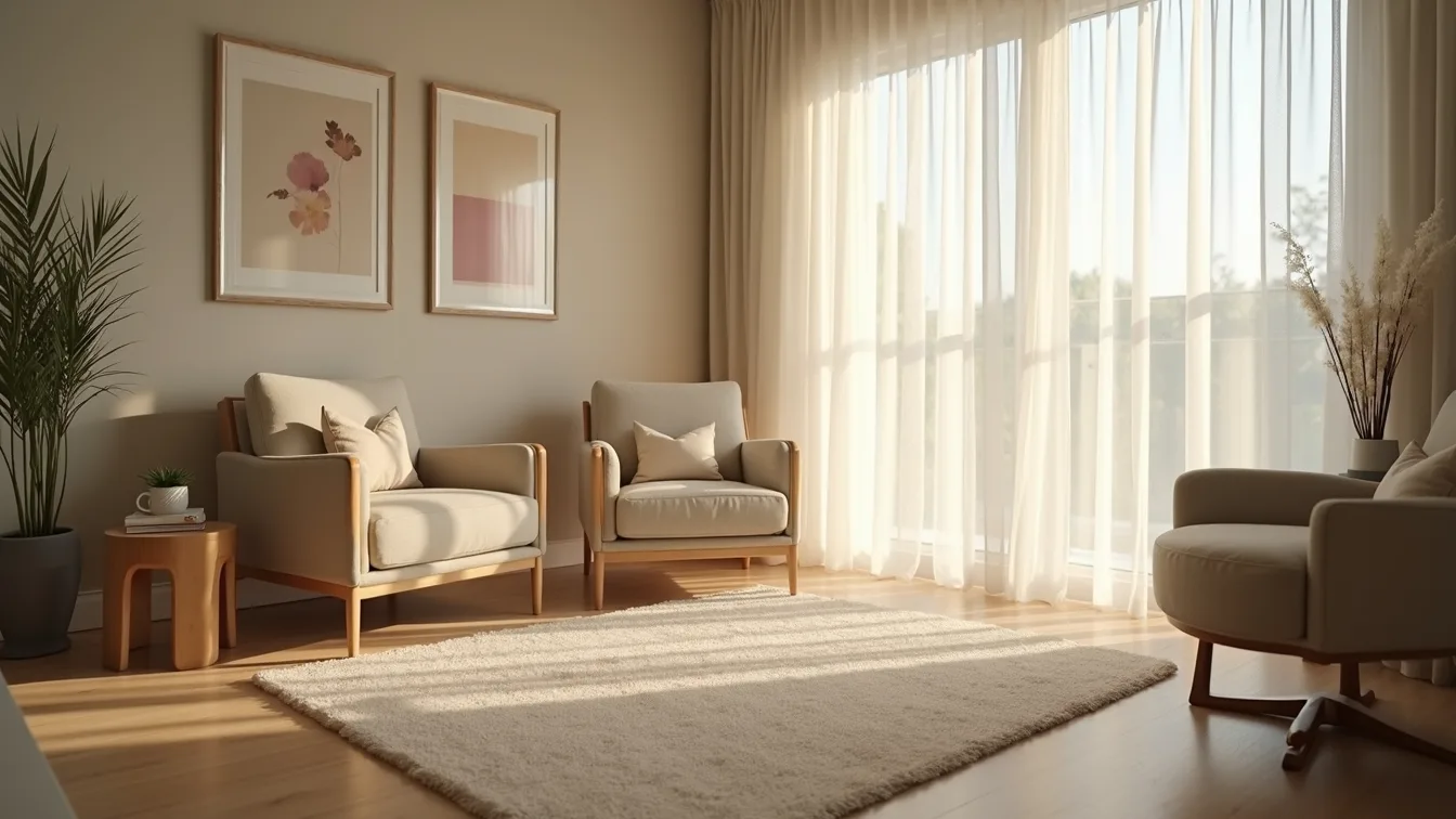 Eye-level view of a serene therapy room with a comfy chair