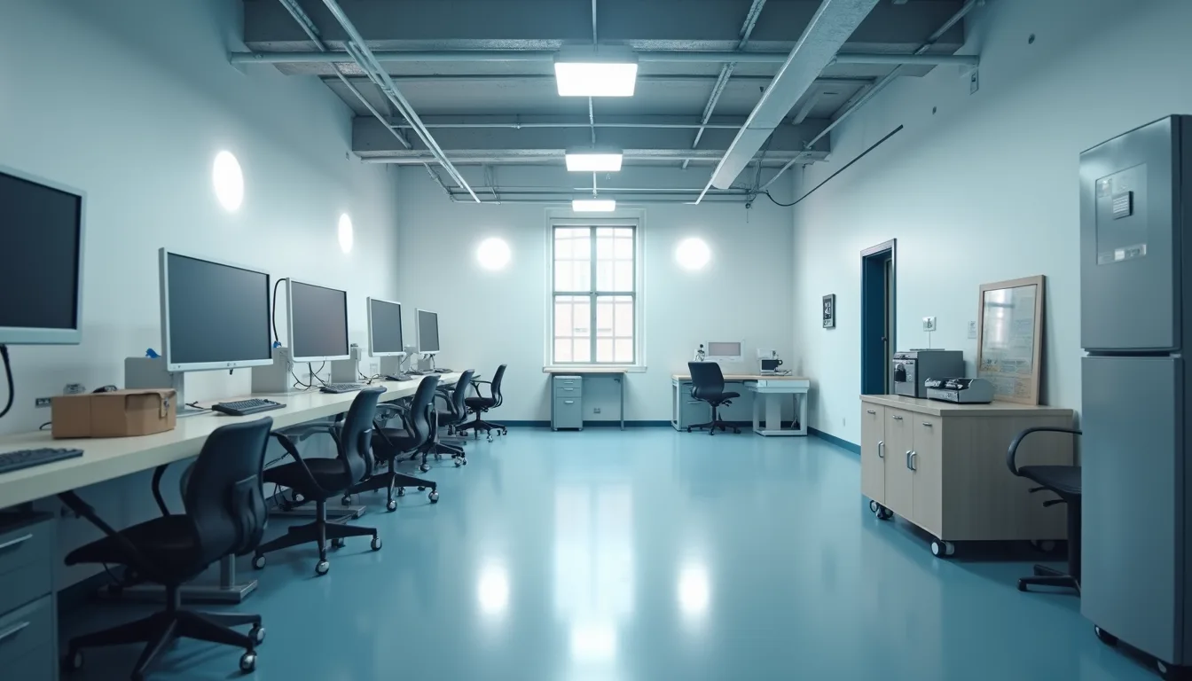 High angle view of a quiet test room set up for testing