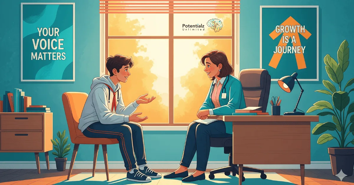 A teenager shares concerns with a school counselor in a supportive, bright office featuring motivational posters that emphasize the importance of growth and communication.