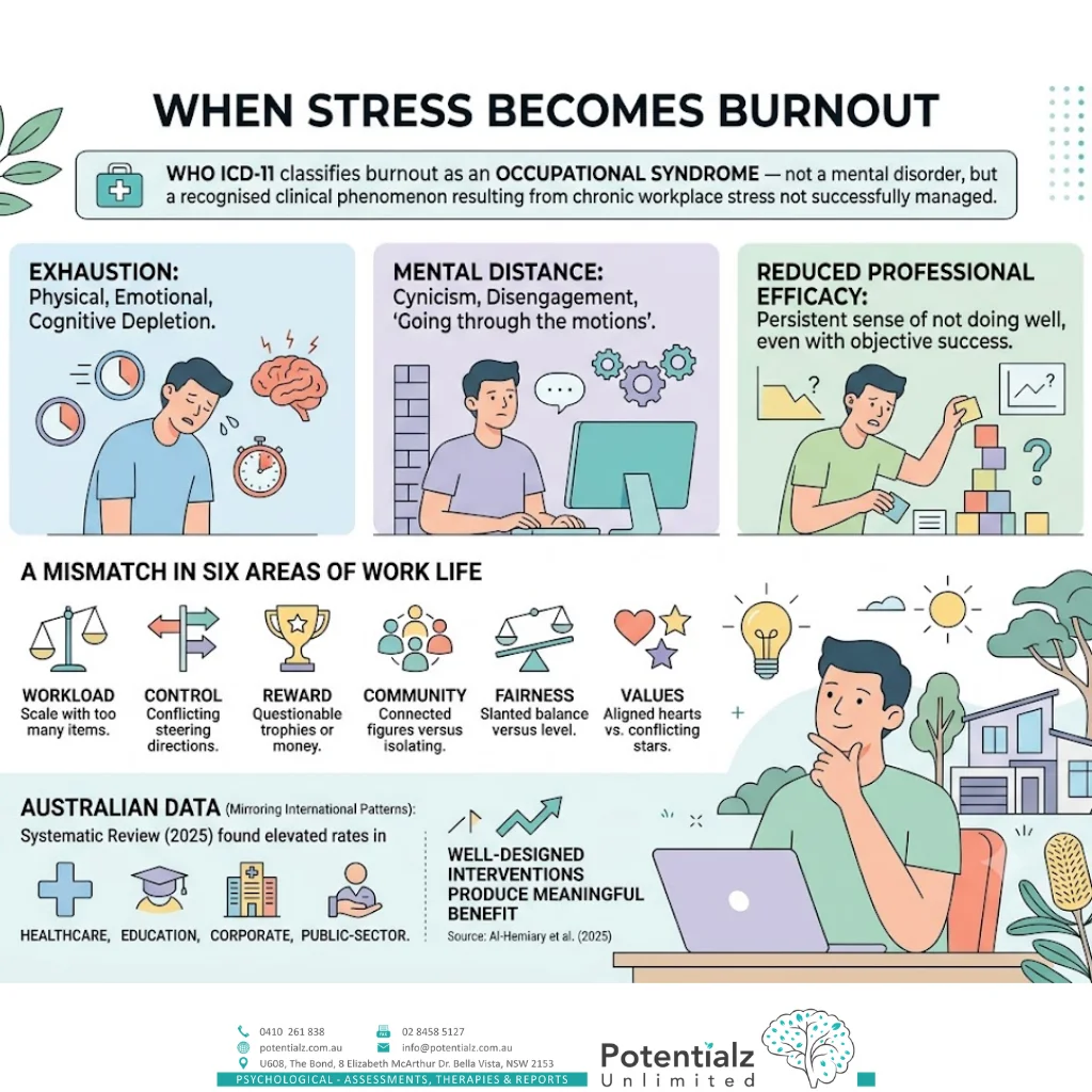 Infographic: WHO ICD-11 defines burnout as an occupational syndrome with three features — exhaustion, mental distance from the job, and reduced professional efficacy; Maslach & Leiter (2016) show it as a mismatch across workload, control, reward, community, fairness, and values