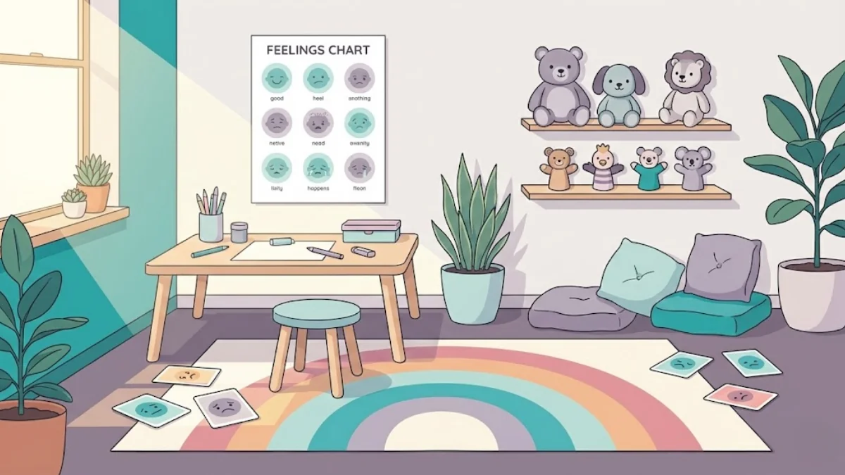 Warm child-friendly therapy space with age-appropriate therapeutic tools